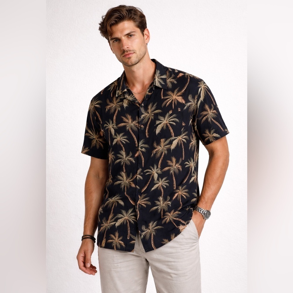 Molokai Surf Vintage Palm Tree Shirt Black Tropical Print XXL Rayon Men's